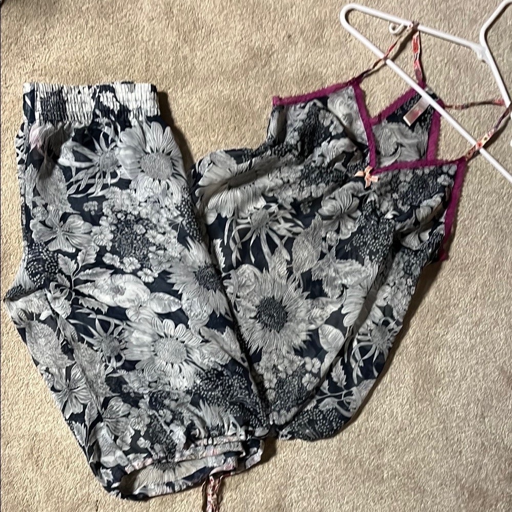 Floral blue and White sheer tank and crop sleep pants with Purple Trim